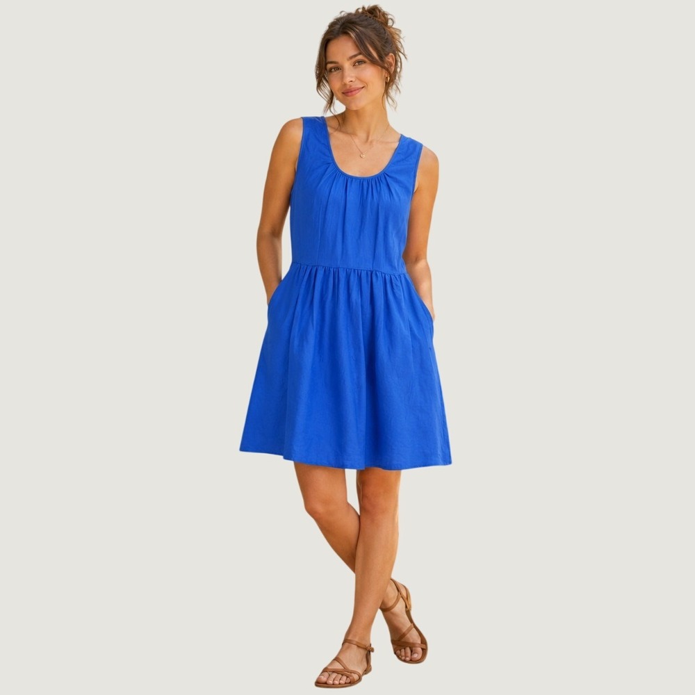 J. Crew Linen Dress 2 Cobalt Blue Fit Flare Sleeveless Pockets Coastal Classic